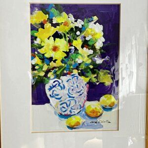 Jane Slivka Painting Acrylic Original Still Life Flowers Lemons Vase Signed Art